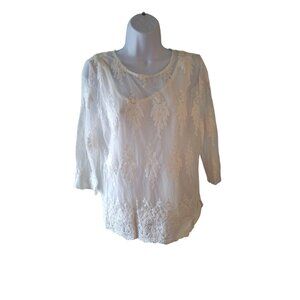 Tribal Jeans Lace Embroidered Short Sleeve Top Womens Medium White